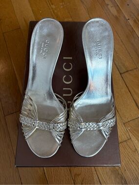 Gucci Metallic Braided Slide Sandals in gold